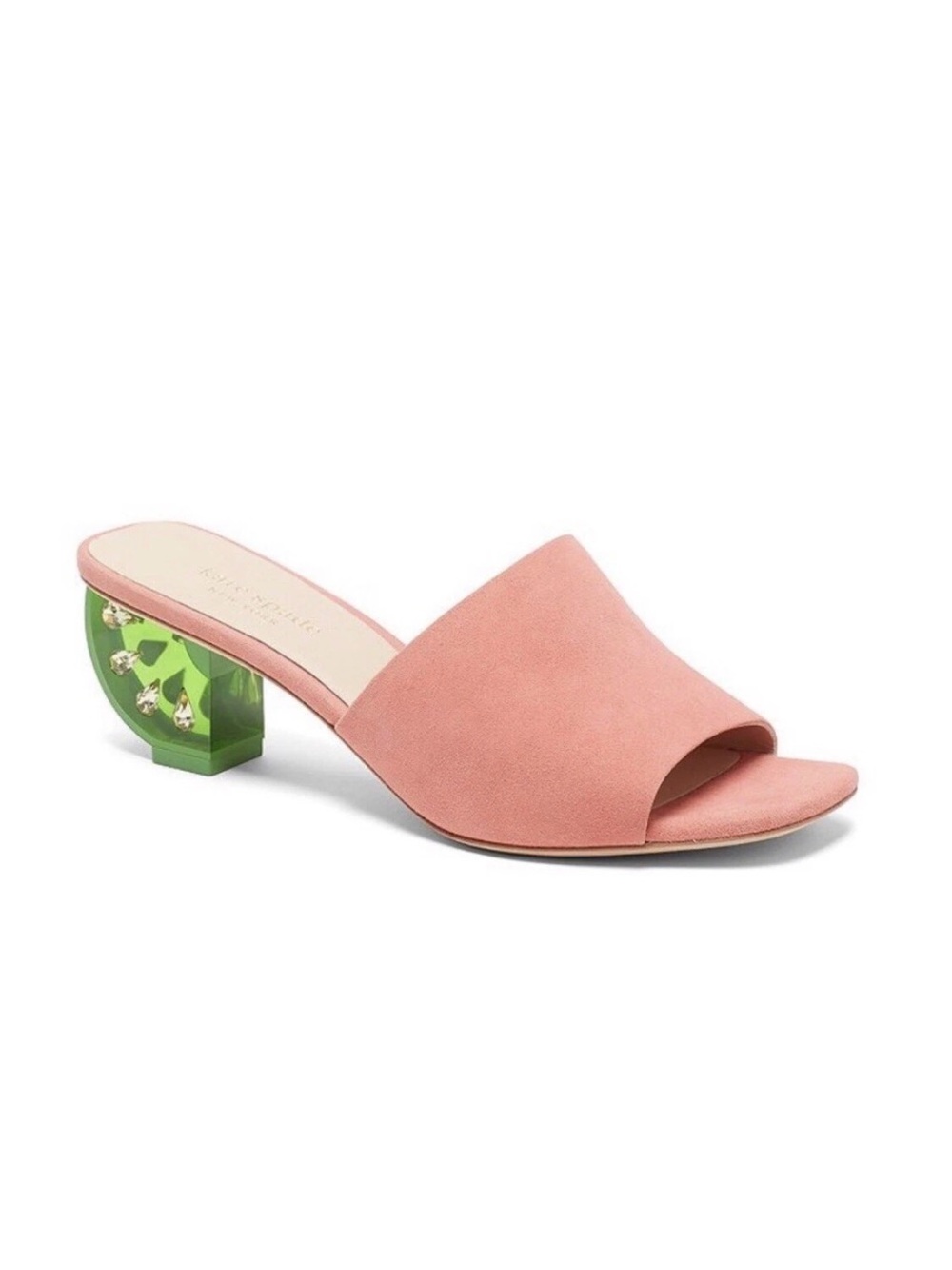 Kate Spade Citrus Slide Sandals in vibrant coral suede with crystal lime heel.